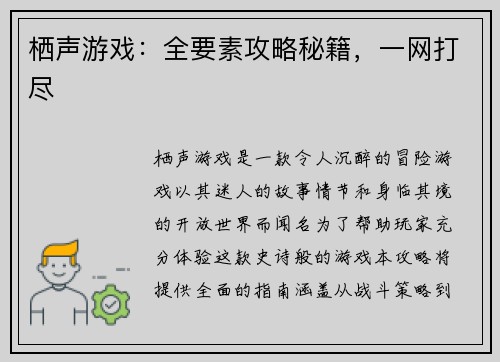 栖声游戏：全要素攻略秘籍，一网打尽