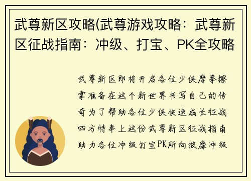 武尊新区攻略(武尊游戏攻略：武尊新区征战指南：冲级、打宝、PK全攻略)