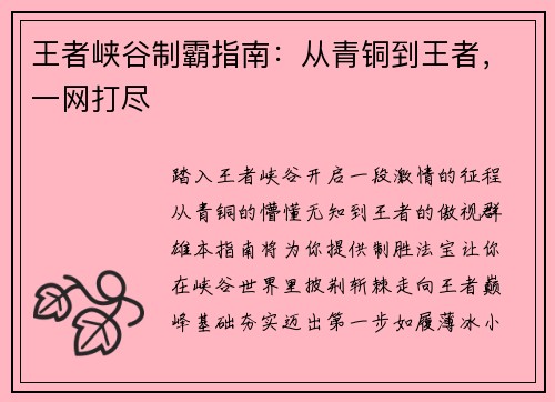 王者峡谷制霸指南：从青铜到王者，一网打尽